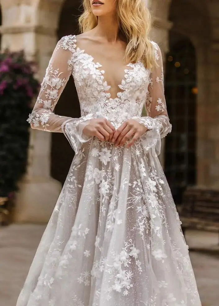 New Sexy Lace Long Sleeved V-neck White Dress For Women