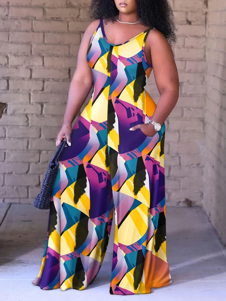 Plus Size Baroque Scarf Print Wide Leg Jumpsuit