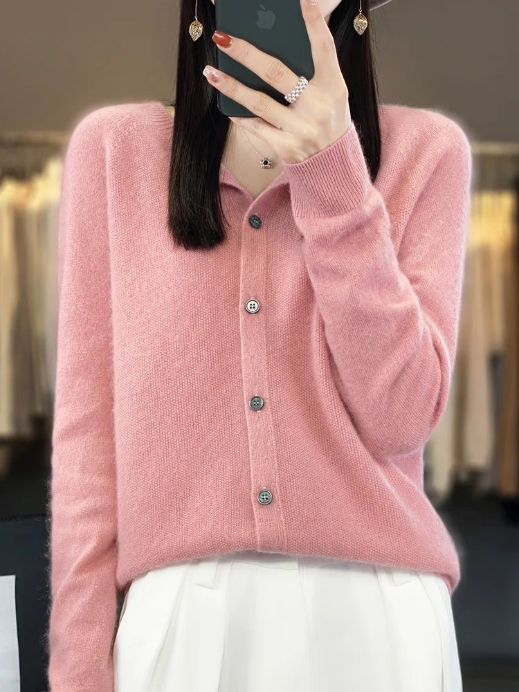 Aliselect Long Sleeve Women Knitwear Cashmere Knit 100% Pure Merino Wool Spring Autume O-Neck Top Cardigan Sweater Clthing Coat