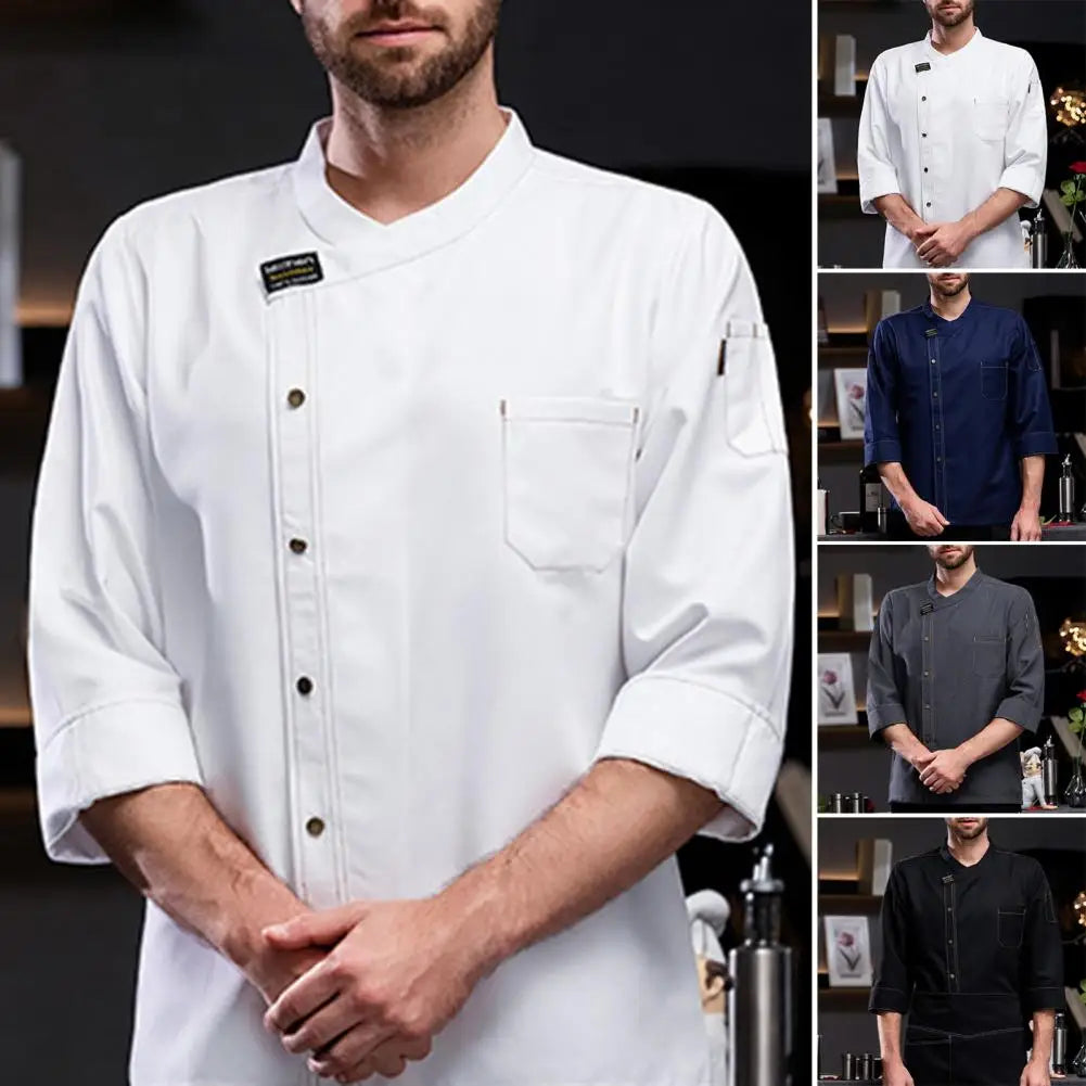 Chef Shirt Long Sleeve Stand Collar Single-breasted Pocket Unisex Kitchen Cook Shirt Bakery Restaurant Waiter Uniform Top