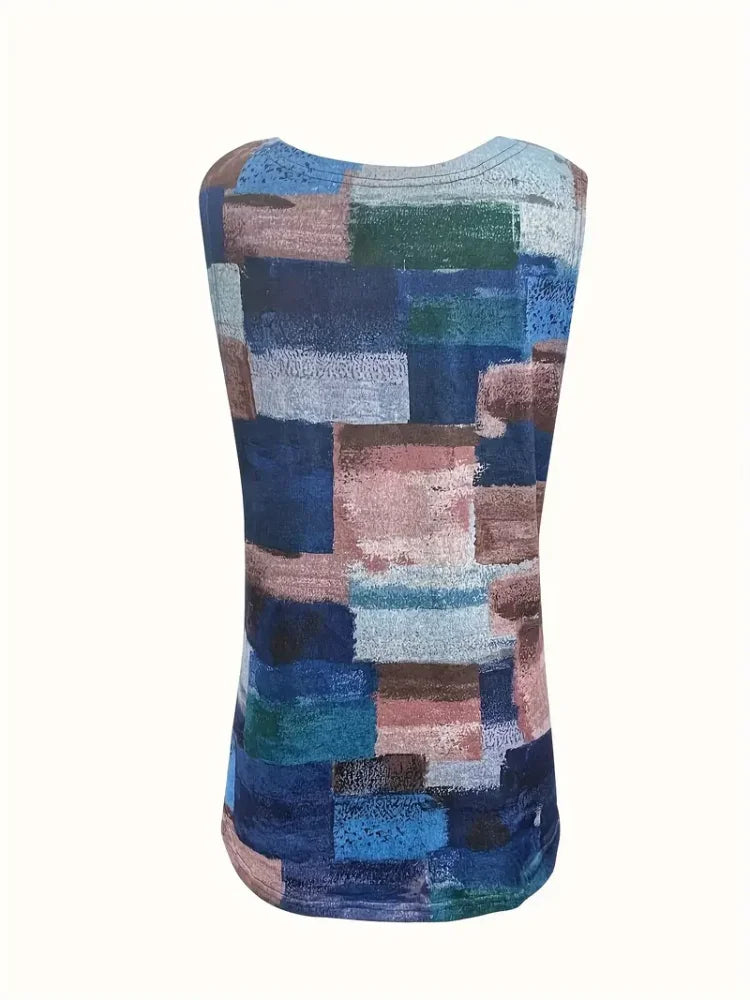 Plus Size Geometric Print Sleeveless Tank Tops & Camis with Button Detail Polyester Crew Neck Vest for Women Casual Knit Fabri