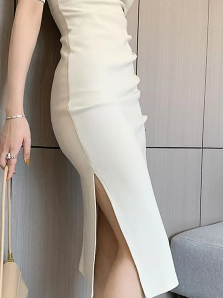 Summer New Elegant Midi Party Dress For Women Office Lady Solid One Piece Slim Bodycon Clothing Femme Fashion Vestidos