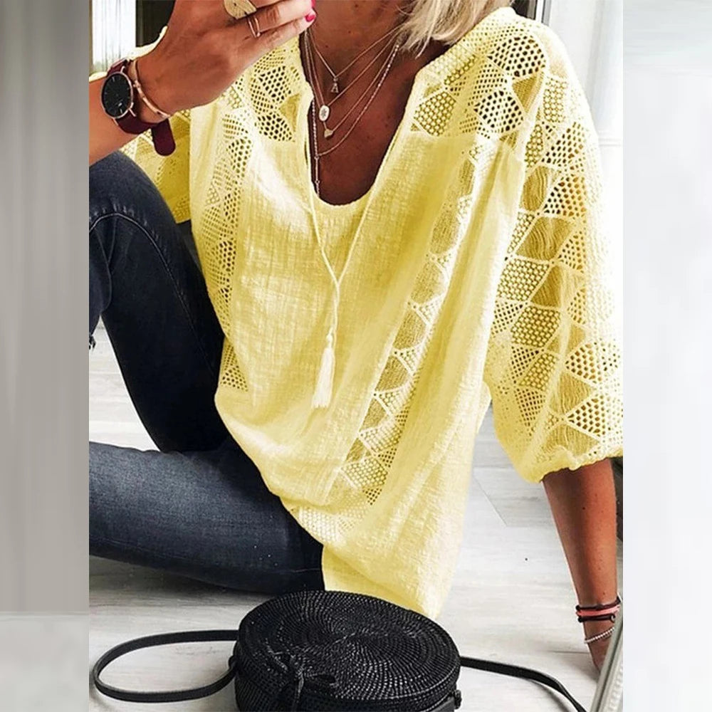 Plus Size Womens 3/4 Sleeve Solid Cotton Lined Tops Ladies Casual Loose Autumn Tunic T Shirt High Quality Clothing L-5XL 2023