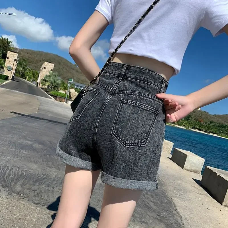 Shorts Women Black Gray Denim Shorts For Women Summer High Waist Loose Ropa Mujer