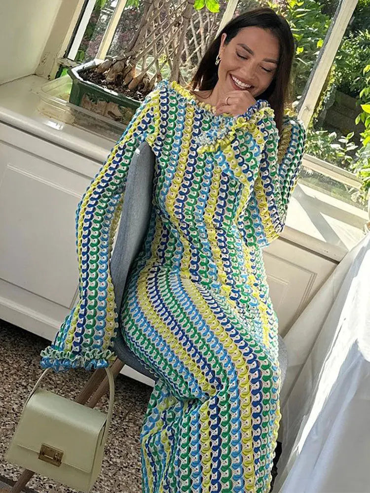 Contrast A-line Vestidos Female Party Club Vacation Robes Sexy Backless Women's Flare Sleeves Long Dress Fashion Elegant