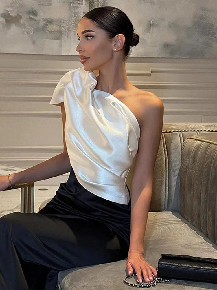 Women's Oblique Shoulder Dress Sexy Sleeveless Satin Patchwork Pleated High Waist Dresses Female Fashion Party Evening Robes