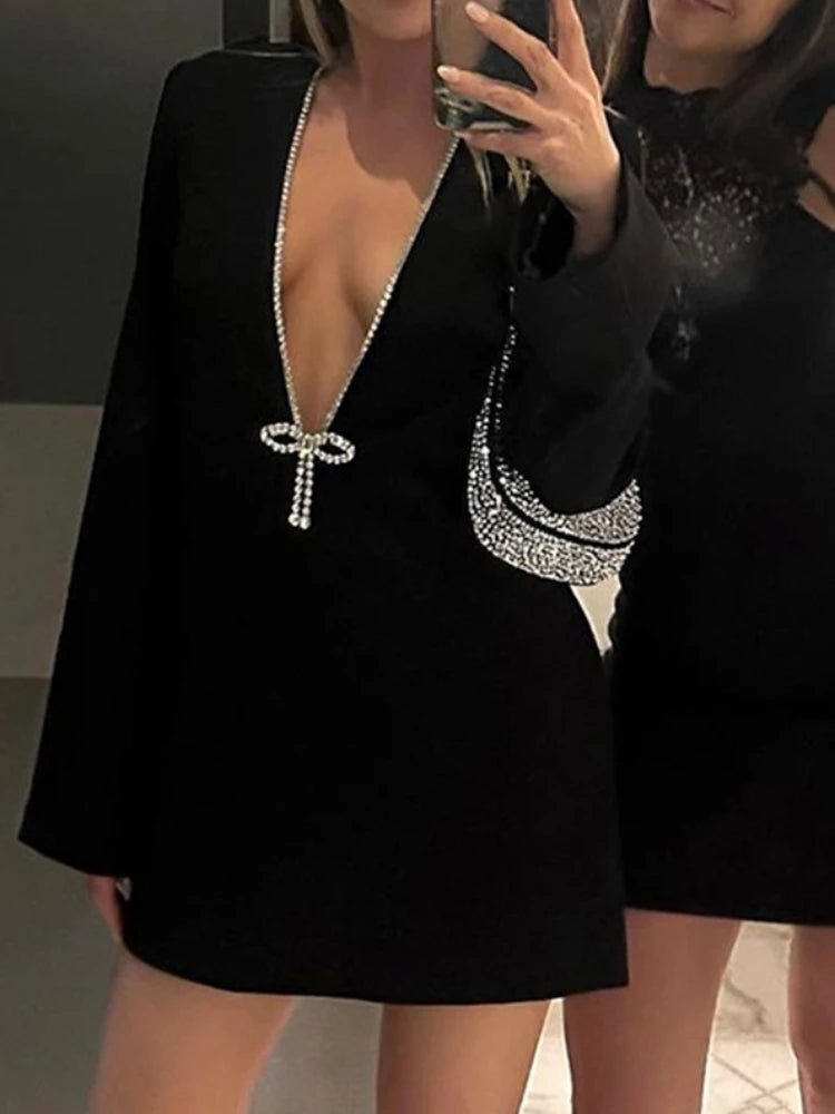 Ladies Elegant Deep V Long Sleeve Mini Dress Women Fashion Solid Color High Waist Slim Dresses Female Nightclub Party Vestidos