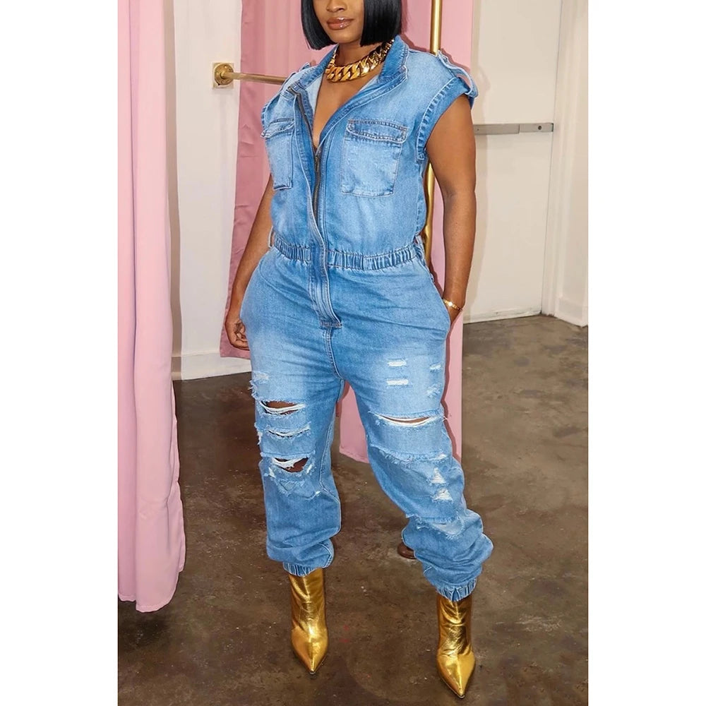 Plus Size Light Blue Daily Denim Ripped Pocket Jumpsuits