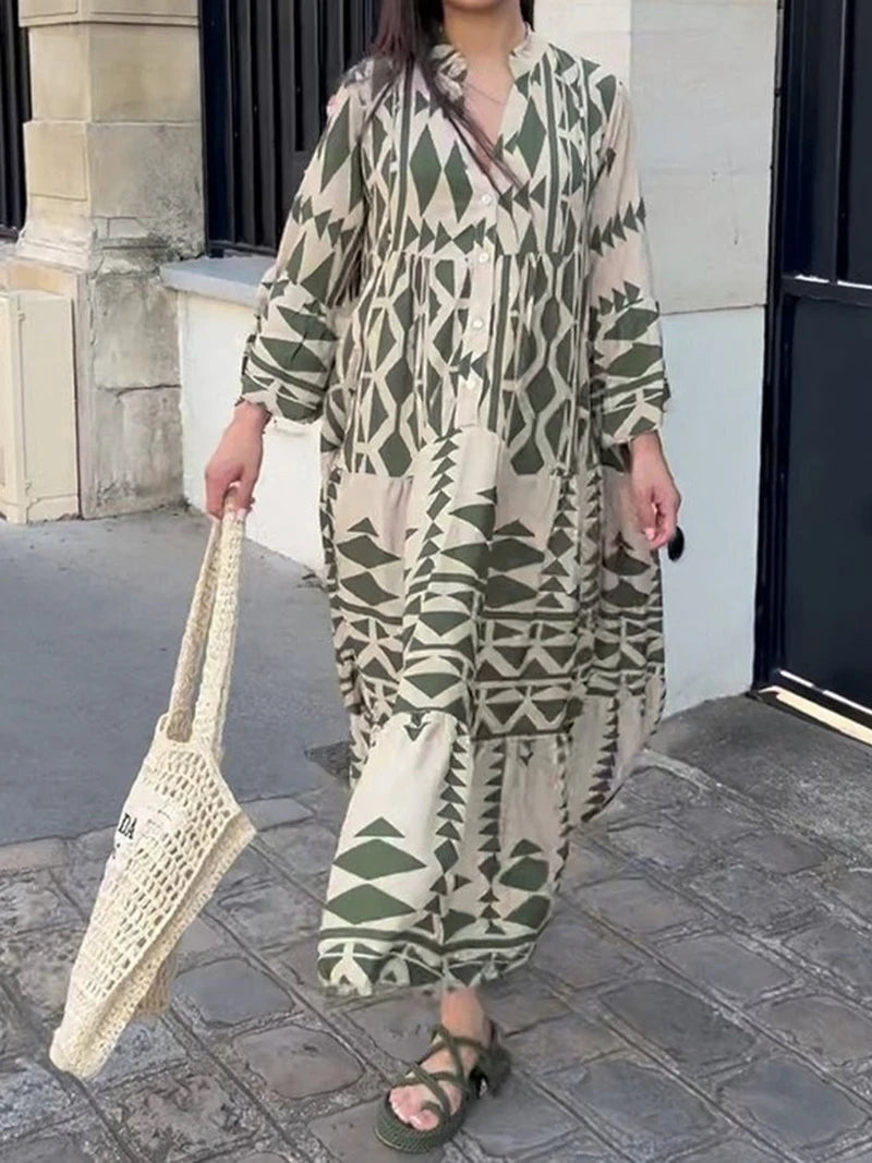 Elegant Summer Maxi Dress Women Casual Streetwear Vintage Geometric V Neck Boho Beach Long Loose Dresses Female Vestidos