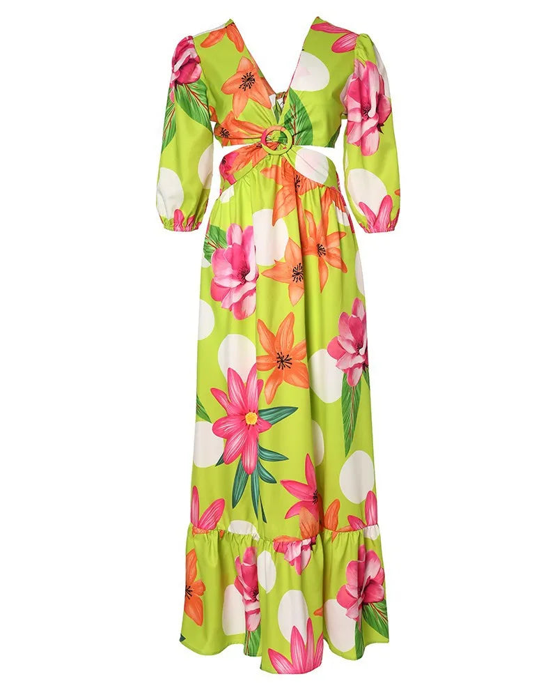 Spring Women Long Sleeved Cutout V-Neck Twist Summer Elegant Tie Dyed Floral Printed Lantern Sleeve Split Thigh Maxi Dress