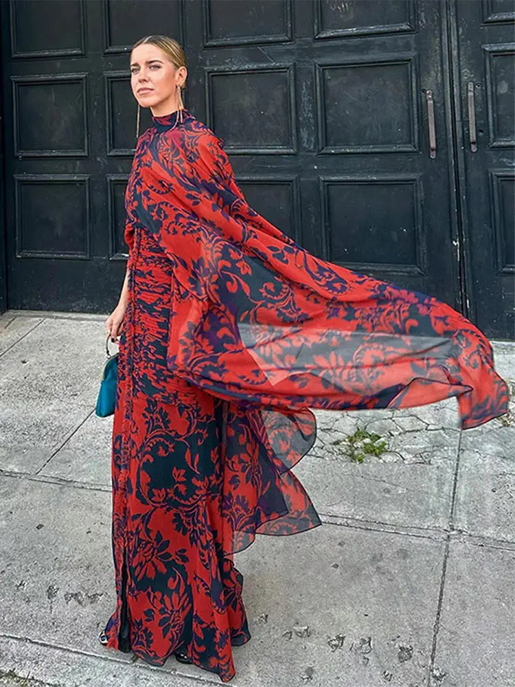 Elegant Printed Shawl Pleated Long Dress Women Fashion Round Collar Casual Bodycon Dresses 2024 Spring Chic Lady Street Vestidos