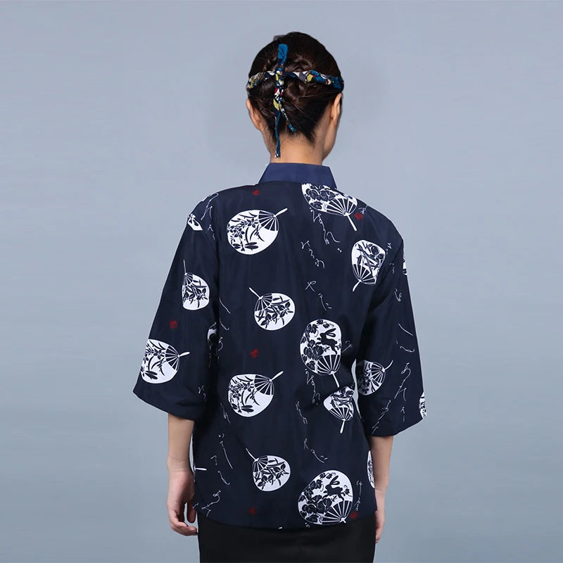 New Japanese Cuisine Sushi Chef Uniform Kimono Izakaya Restaurant Teahouse Waiter Printing Mid-sleeve Overalls For Men And Women