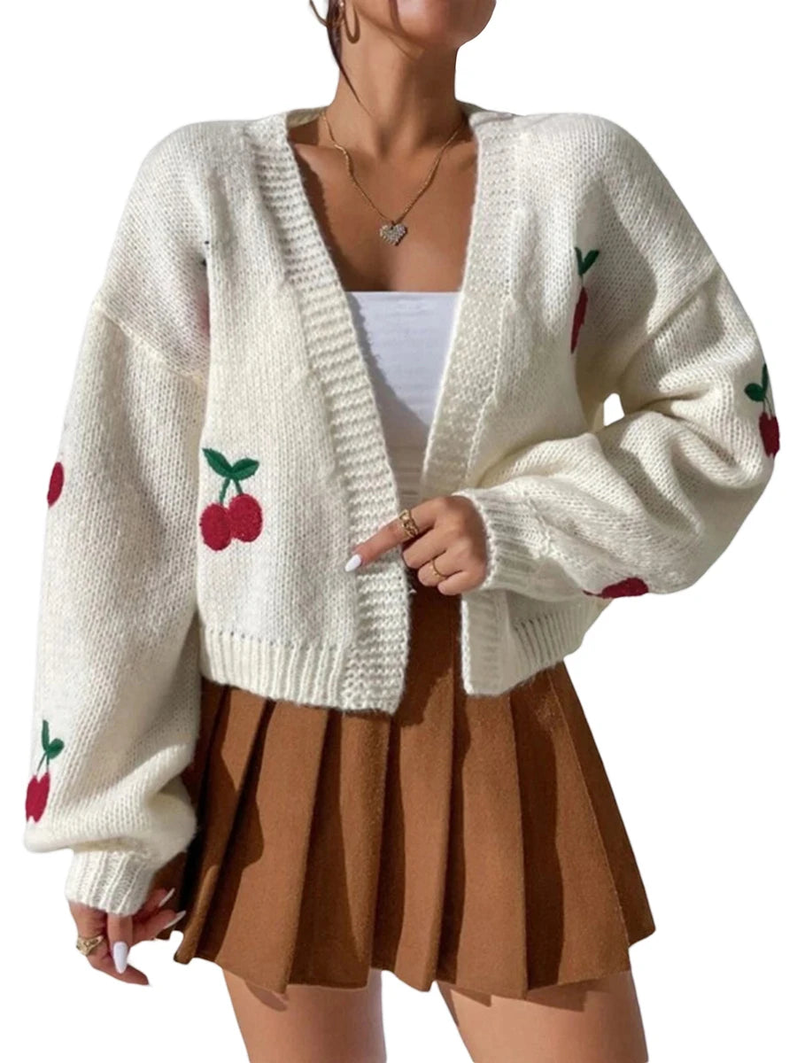 Women acute s Open Front Knit Cardigan Cherry Jacquard Long Sleeve Chic Loose Sweater Fashion Cropped Jacket for Spring Fall