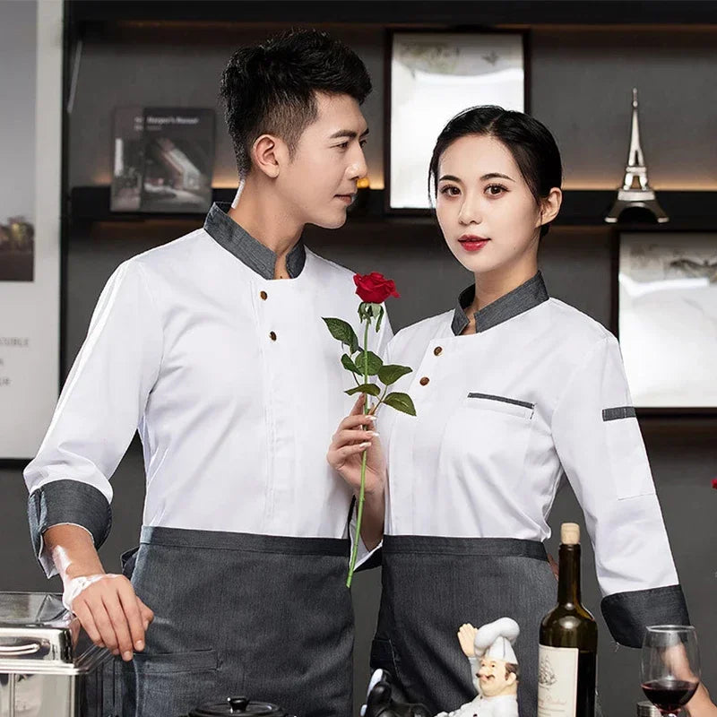 Long Sleeve Chef's Costume Hotel Kitchen Cook Jacket Restaurant Men's Cooking Uniform Bakery White Shirt Bar Waiter Workwear