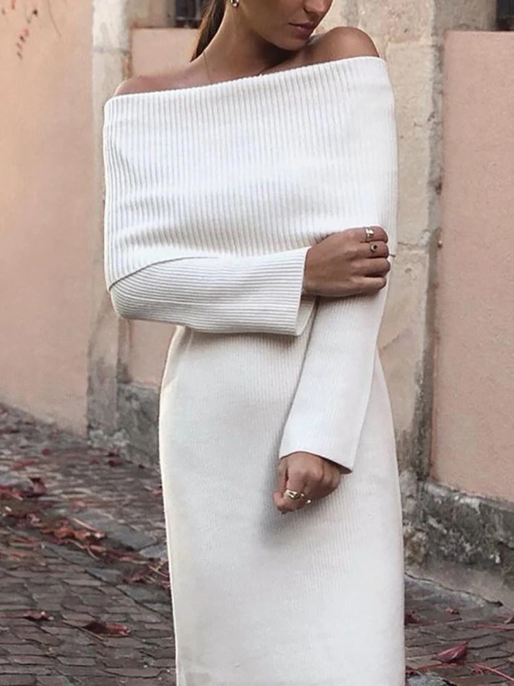 Vintage Women Elegant Off The Shouder Bomb Knitted Long Dresses Spring Fashion Ladies Slim Chic Dress Female Stylish