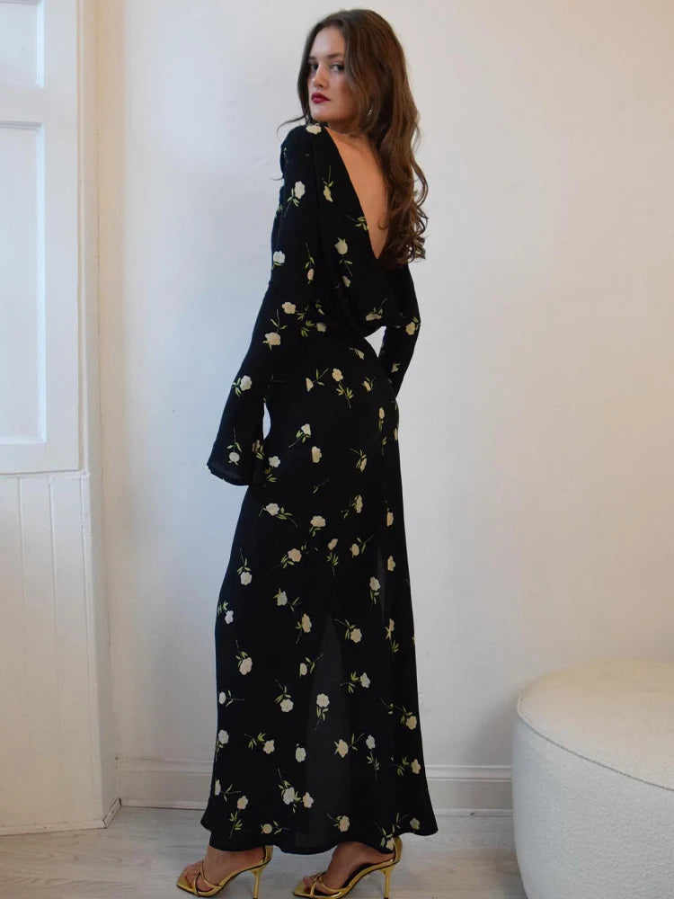 JULISSA MO Ladies Chiffon Floral Print Long Sleeve Backless Maxi Dress High Split Elegant Slim Evening Dress Autumn Outfits