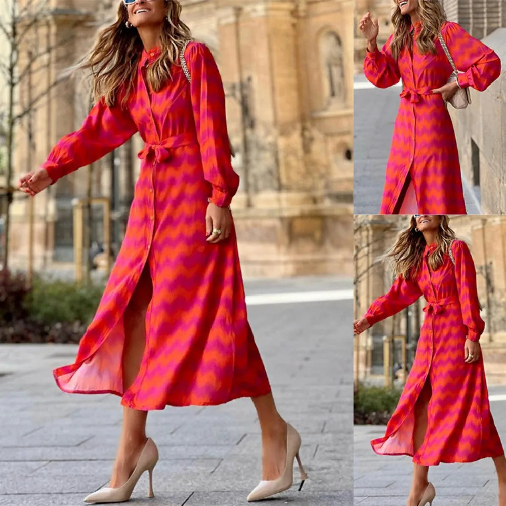 New European and American women's printed lace up contrasting Bohemian slit dress