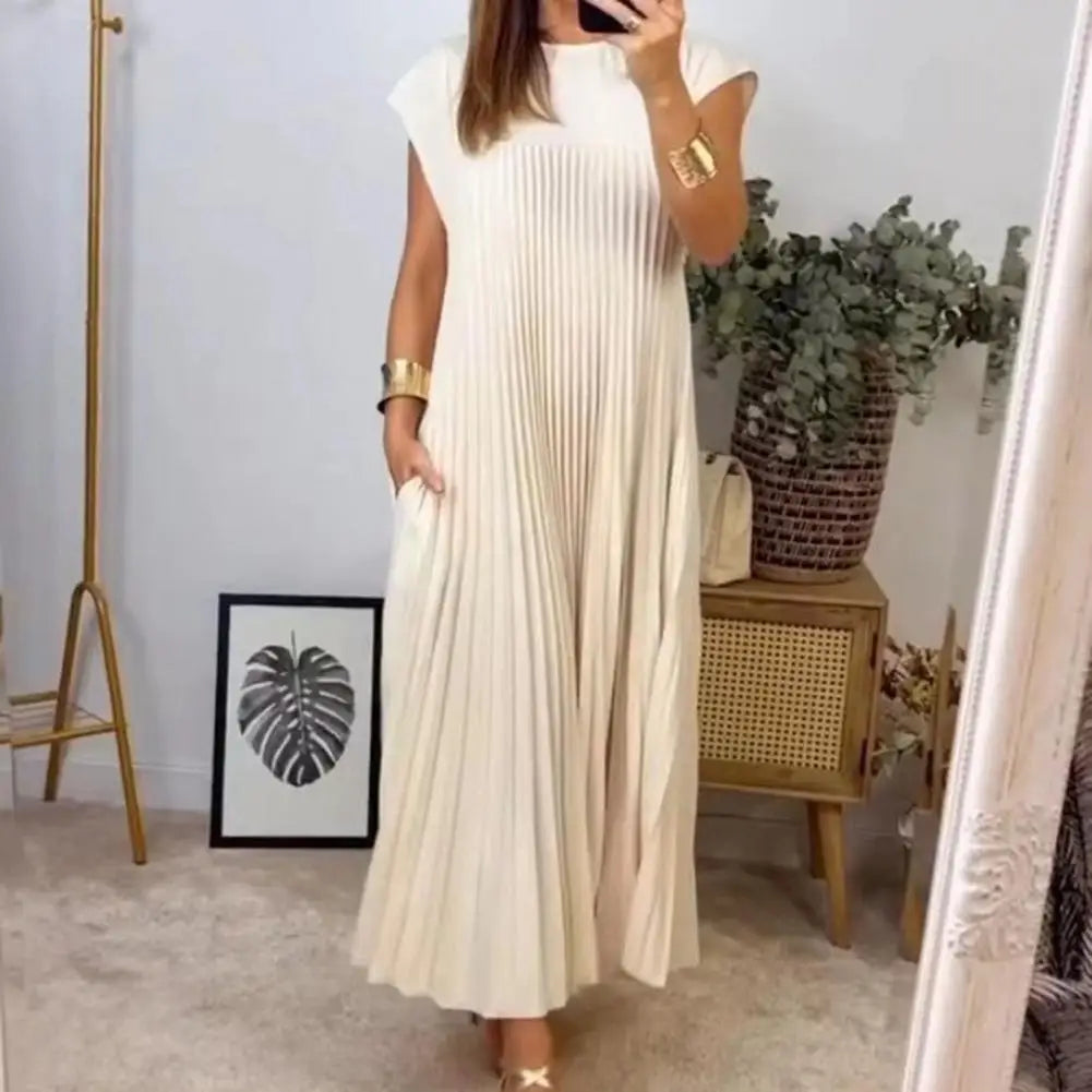 Loose Fit Long Dress Lightweight Long Dress Elegant Midi Dress for Women Pleated A-line Summer with Round Neck Soft for Summer