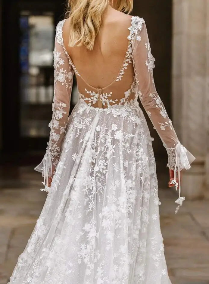 New Sexy Lace Long Sleeved V-neck White Dress For Women