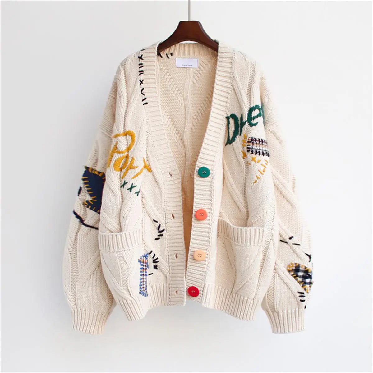 New Embroidery Knitted Cardigan Women's Sweater Warm Long Sleeve Letter Print Pocket Jumpers Autumn Winter Loose Sweaters