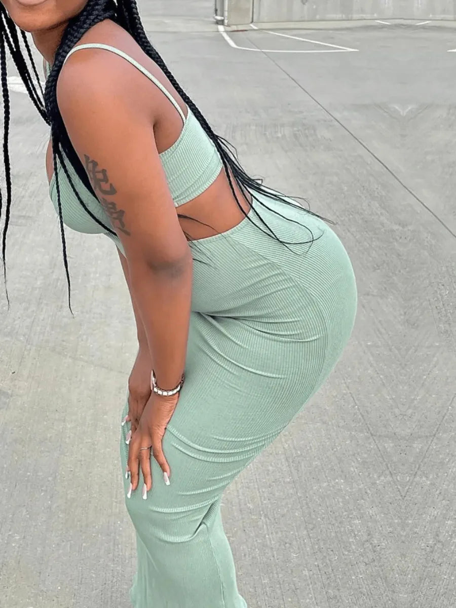LW BASICS Rib Knit Cut Out Bodycon Dress Women Summer Sleeveless Spaghetti Strap Solid Color Mid Calf Dresses SXY Dress