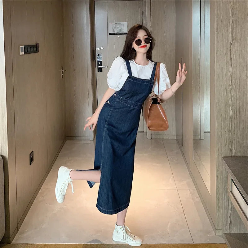 Women's Summer Fashion Side Split Dress Korean Edition Casual Denim Strap Dress Versatile Thin And Small Design Long Dress