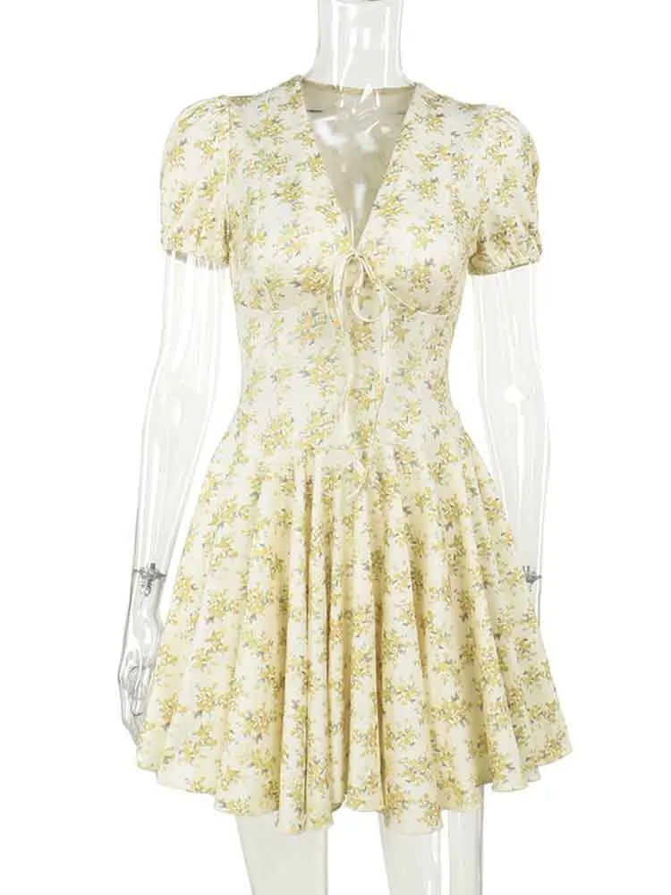 NIDANSSI Print Backless Puff Sleeve Holiday Casual Dress Women 2024 Ruffle Elegant Sexy Dress Bodycon Mini Summer Dress Vestidos