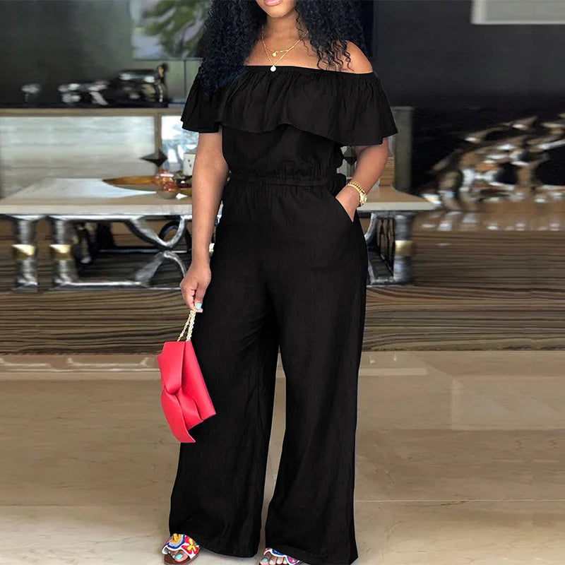 Plus Size Jean Jumpsuit Female Off Shoulder Denim Cloth Women One Piece Outfit Casual Wide Leg Pant 2023 Autumn Elegant Jumpsuit