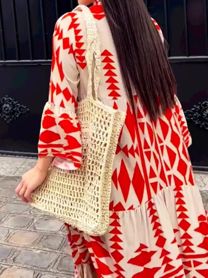 Elegant Summer Maxi Dress Women Casual Streetwear Vintage Geometric V Neck Boho Beach Long Loose Dresses Female Vestidos