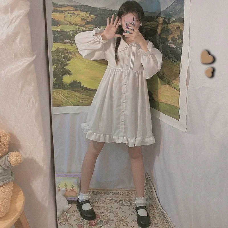 Women's Summer Spring Dress White Black Long Sleeves Lolita Dresses Ruffles Peter Pan Collar Preppy Style Princess Fairy Cute