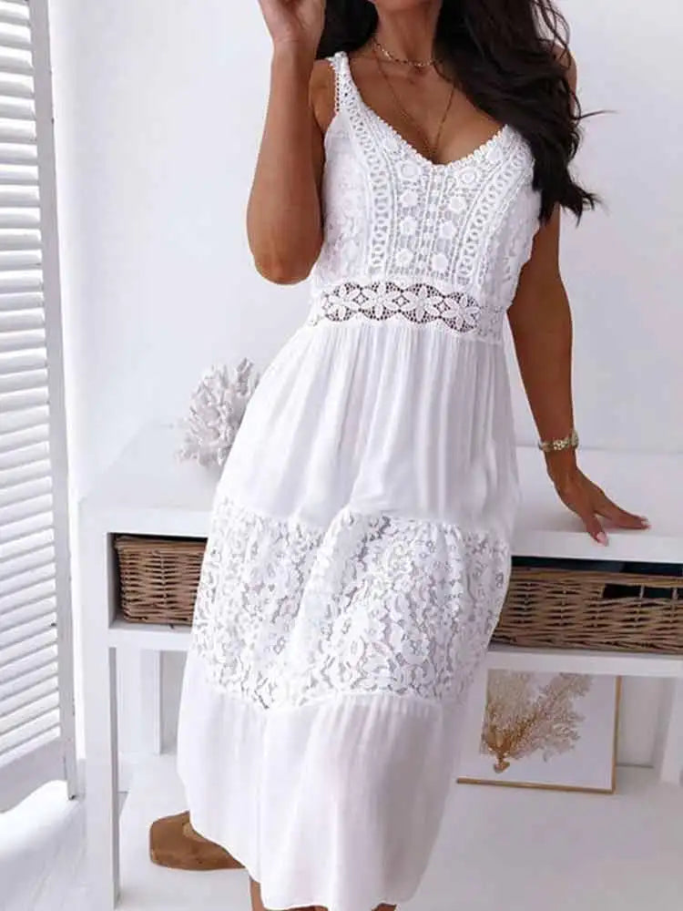Boho Midi Dress Women Sexy Backless Dress Summer Spaghetti Strap Fashion White Lace Patchwork Casual Beach Sleeveless Dresses