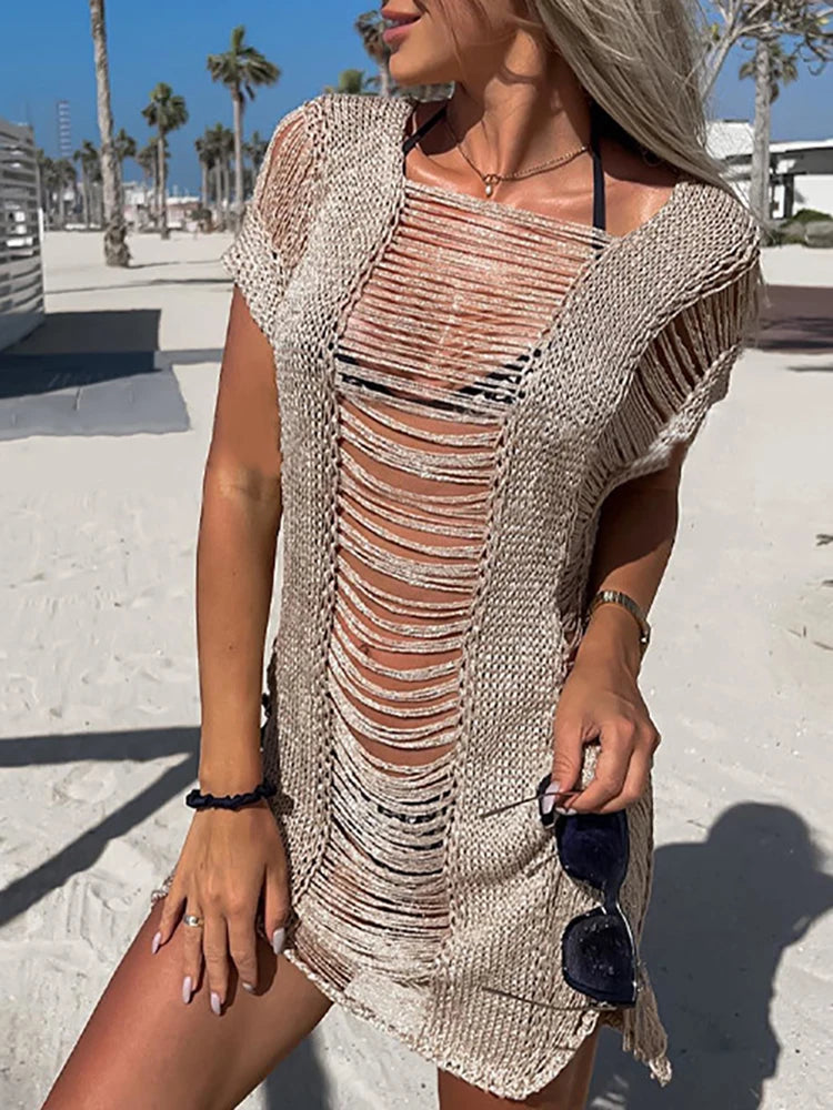 Women Summer Knitting Beach Style Mini Dress Loungewear Hollow Out Sexy Short Sleeve V-Neck Ladies Party Dress Dropshipping