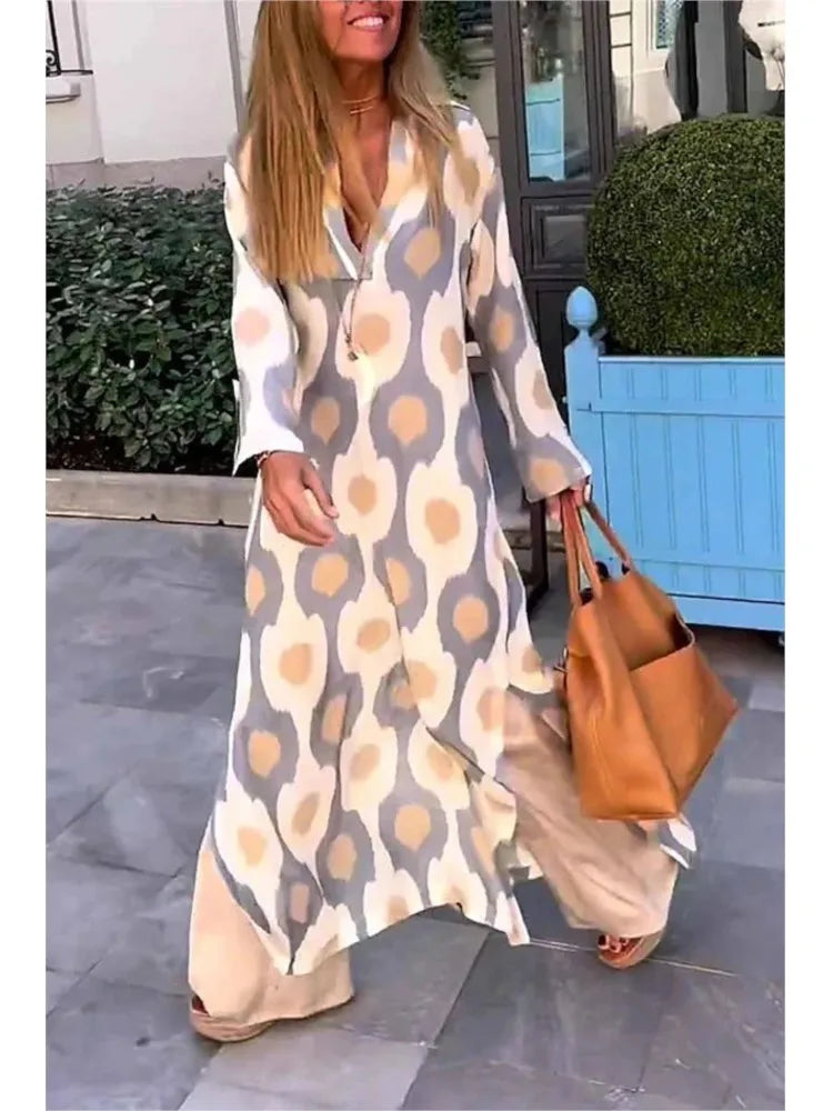 Women Geometric Printing Split Maxi Dress 2024 Autumn Causal V Neck Long Sleeve Dresses Female Holiday Beach Boho Dress Vestidos