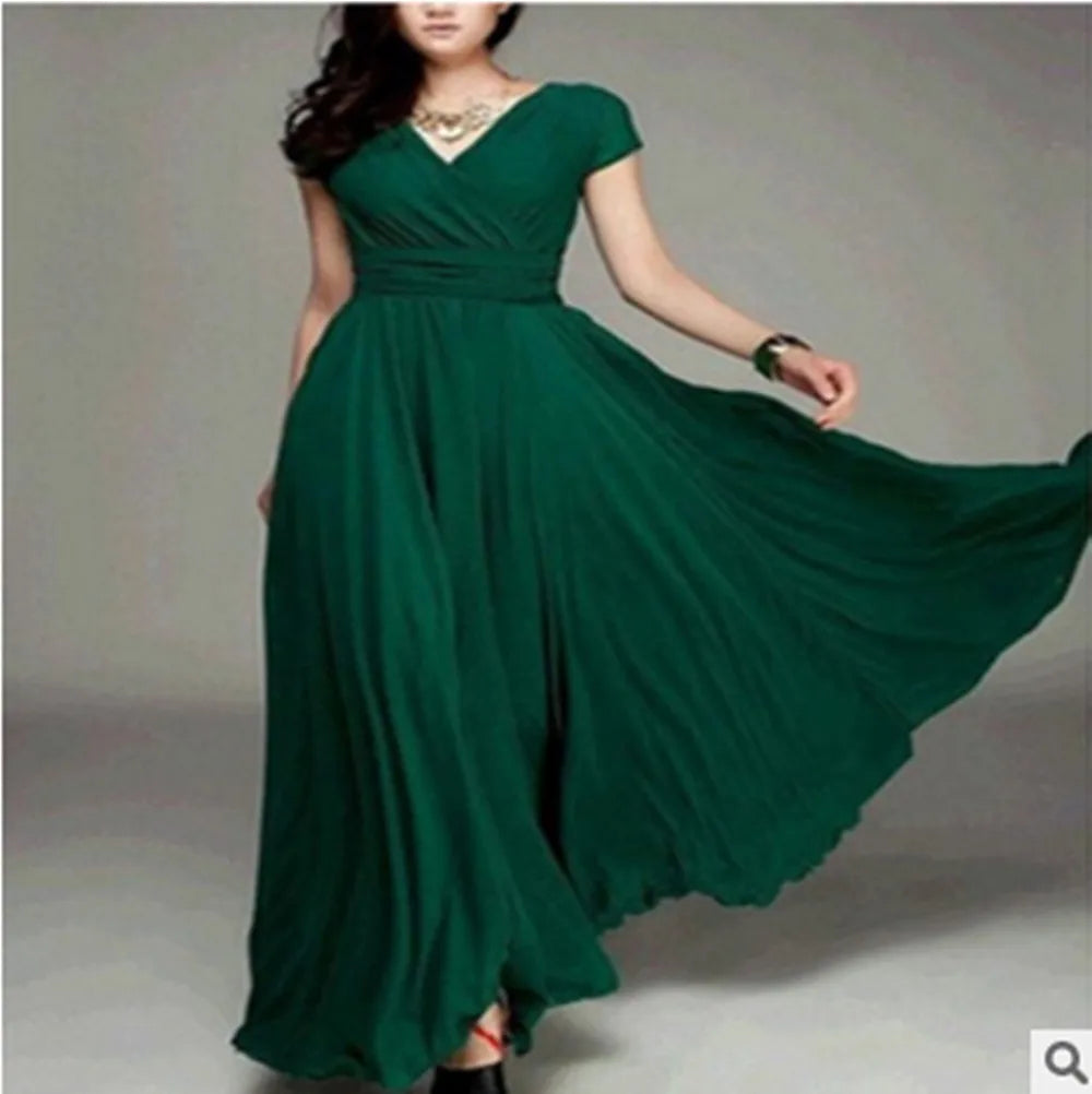 2023 New in Women Elegant Chiffon Long Evening Dress Sexy Deep V-neck Short Sleeve Bridesmaid Dresses Slim Waist Plus Size 5XL
