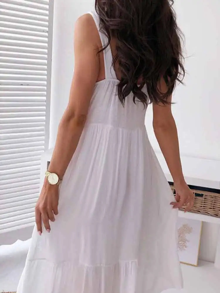 Boho Midi Dress Women Sexy Backless Dress Summer Spaghetti Strap Fashion White Lace Patchwork Casual Beach Sleeveless Dresses
