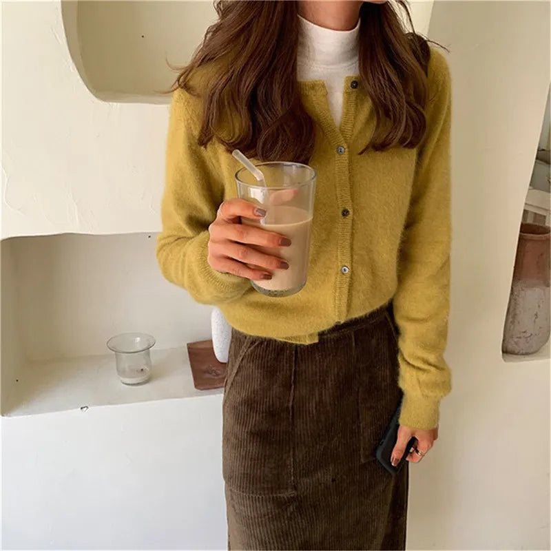DIHOPE Women Cardigan Solid Color O-Neck Long Sleeve Button Spring Autumn Casual Loose Knit Sweater Coat Woman Korean Fashion