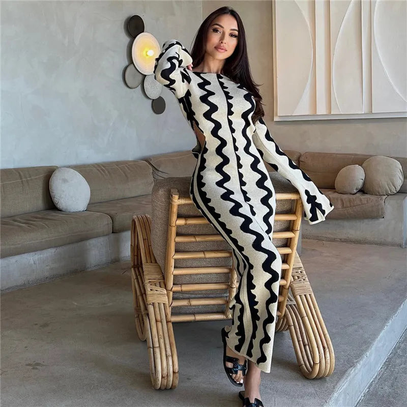 hirigin Vintage Wave Print Knitted Long Dress Women Elegant Party Pencil Dress Long Sleeve Crew Neck Cutout Waist Pencil Dress