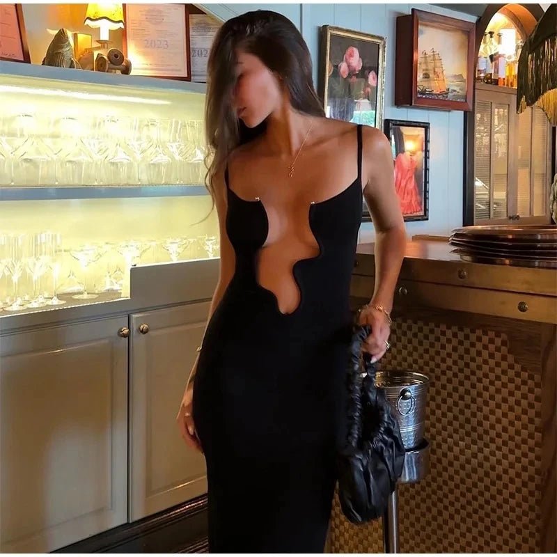 White V-neck Wavy Hollow Out Sling Knitted Dress Women Sleeveless Backless Robes 2024 New Casual Beach Vacation Sexy Dresses