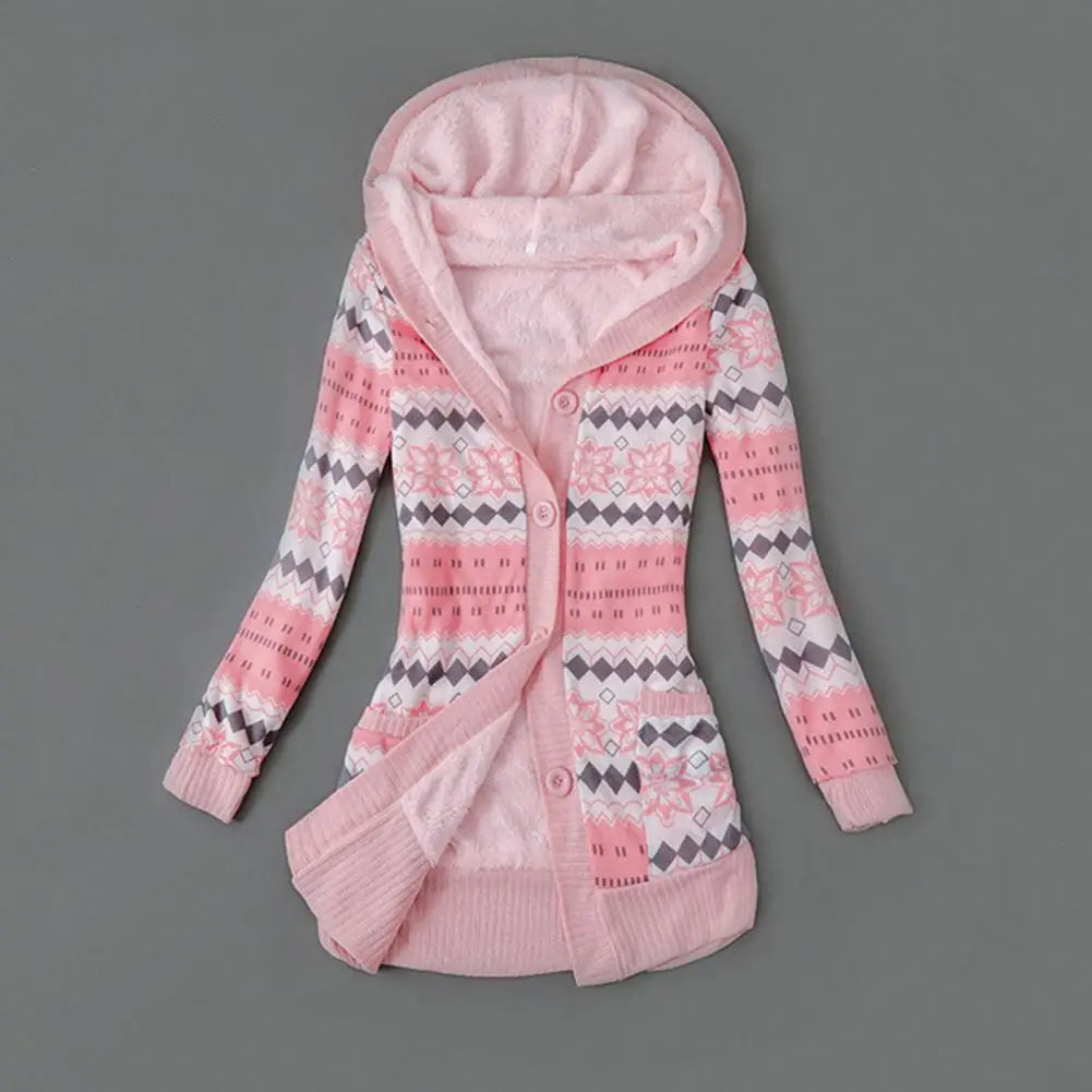 Knitted Coat Simple Simple Sweater Coat Buttons Closure Hooded Plush Lining Sweater Cardigan Outerwear