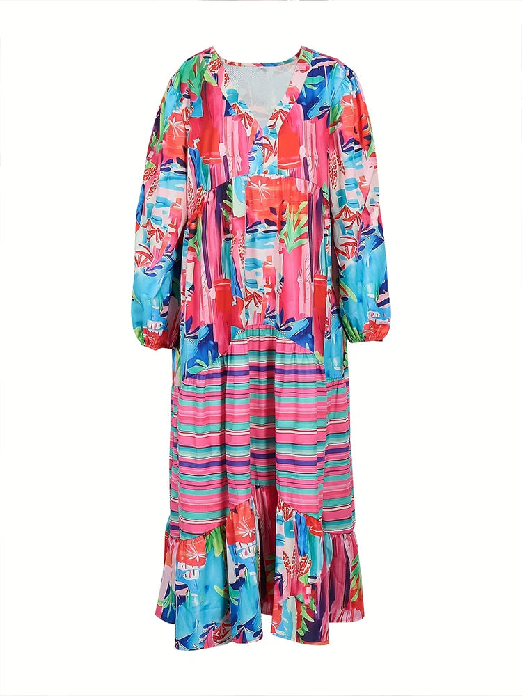 Plus Size Fall/Winter New Women's Casual Dress, Long Sleeve, V-Neck, Irregular Pattern Print Personalized Apparel Dresses