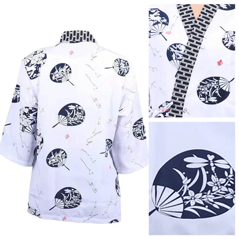 New Japanese Cuisine Sushi Chef Uniform Kimono Izakaya Restaurant Teahouse Waiter Printing Mid-sleeve Overalls For Men And Women