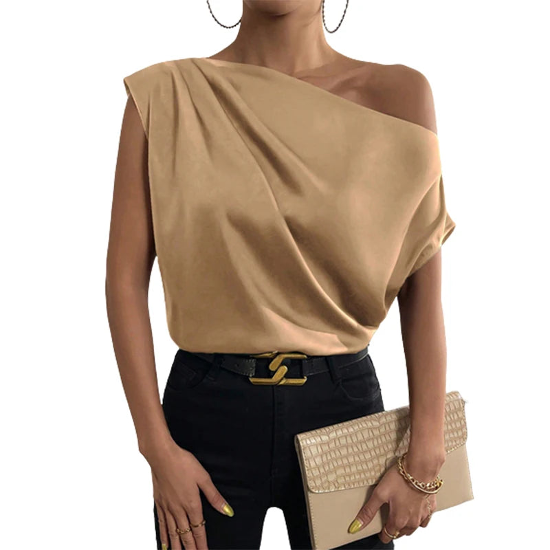 Freeacy Diagonal Collar One-Shoulder Asymmetric Loose Solid Color Blouses For Women Summer New Stylish Elegant Shirt Tops