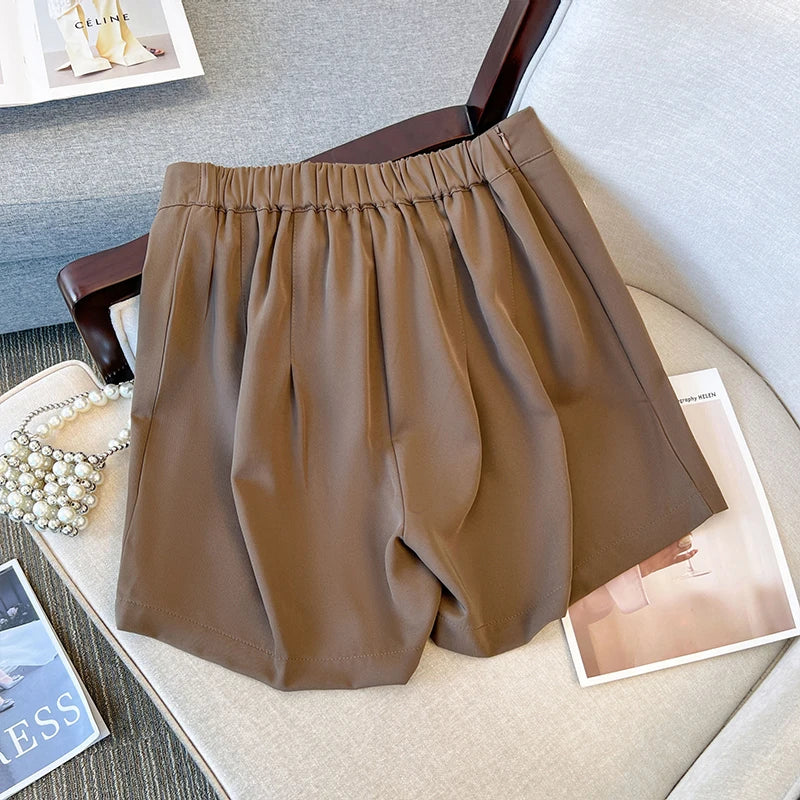 Plus-size women's summer casual shorts elastic waist solid color polyester fabric high waist pants loose comfortable breathable