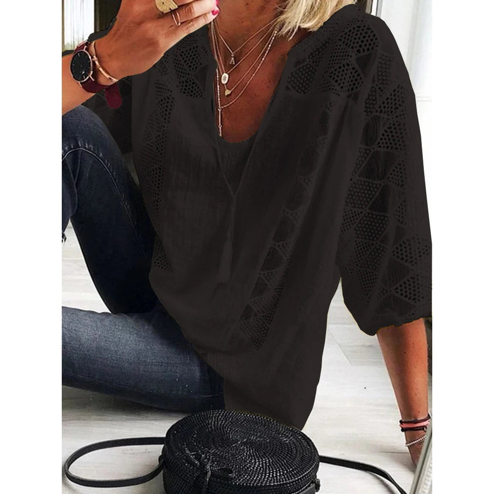 Plus Size Womens 3/4 Sleeve Solid Cotton Lined Tops Ladies Casual Loose Autumn Tunic T Shirt High Quality Clothing L-5XL 2023
