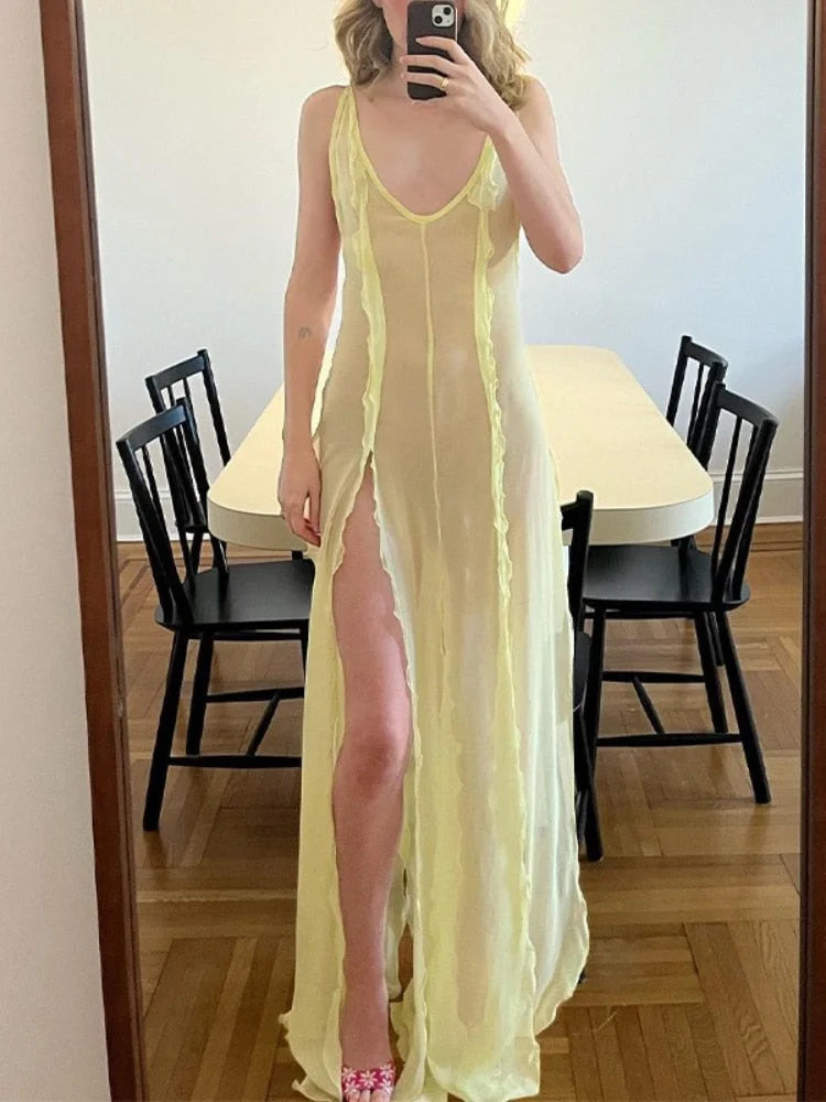 CHRONSTYLE Sexy Mesh See Through Long Dress Fairycore Woman Ruffles Split Dress Y2K Backless Sundress Women Beach Boho Cover-Ups