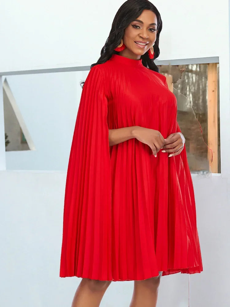 Plus Size Women Oversized Pleat Dress Mock Neck Cloak Sleeve Loose Short Dresses Curve Female Summer Birthday Party Club Wear