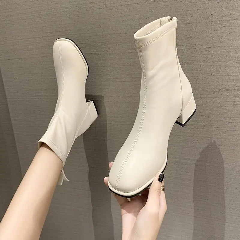 Elastic Socks Boots Fashion Ankle Boots Women High Heel Thicks Heel Square Toe Short Boots Women Retro New Ladies Shoes