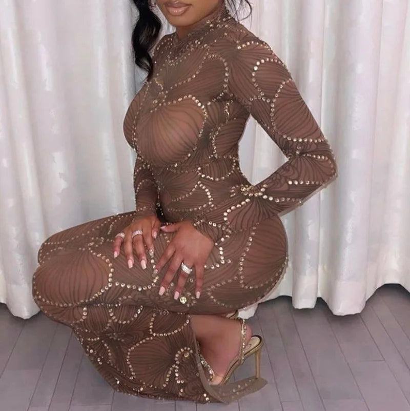2023 Summer Clothes Women Long Sleeve Party Club Evening Bodycon See Through Long Dress Wholesale Items For Business