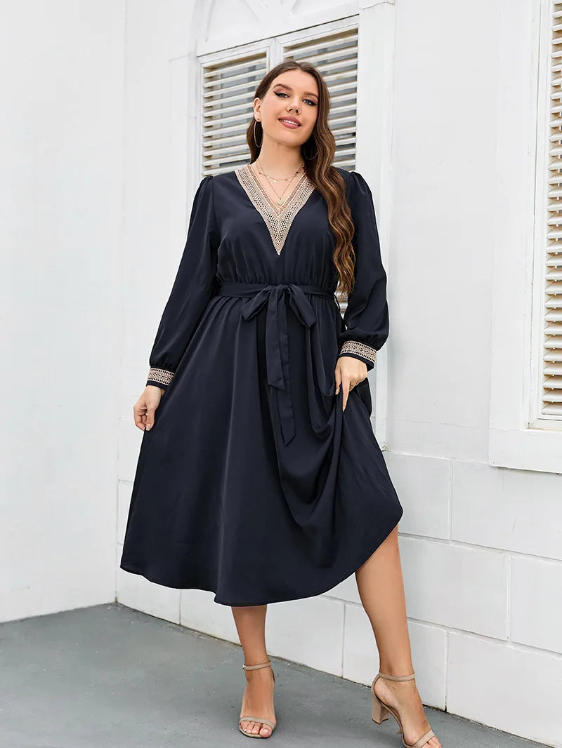 Plus Size Women Dress V Neck Long Sleeves Robe Waist Belt Solid Color Dress Autumn Female Elegant Party Long Gown Clothing