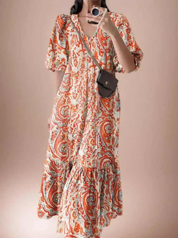 ZANZEA Women Print Robes Longue Oversized Fashion 2024 Summer Puff Sleeve Maxi Vestidos Retro Dress Casual Solid Baggy Sundress
